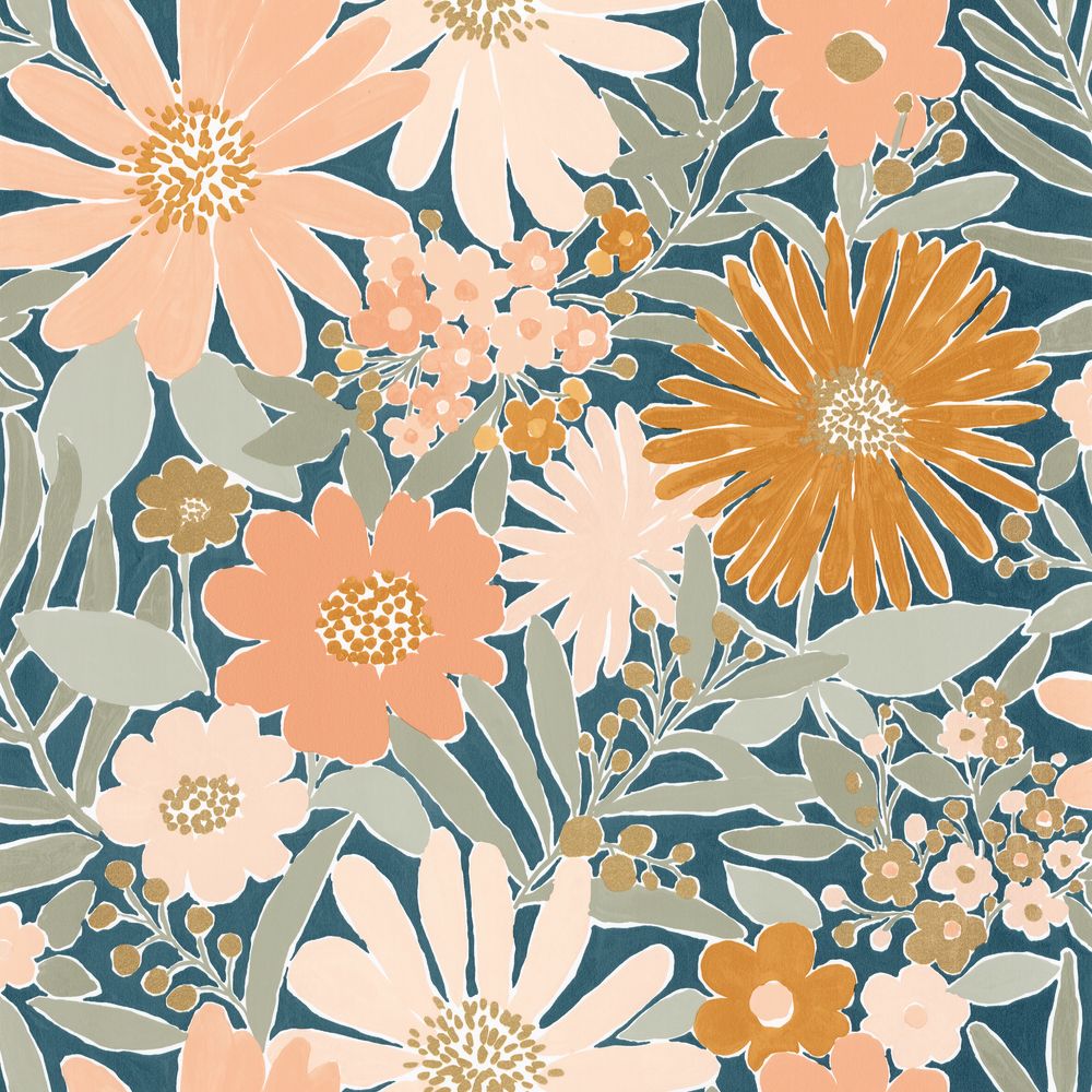 Tapetti Marguerite Bleu Nuit Rose 0,53x10,05m